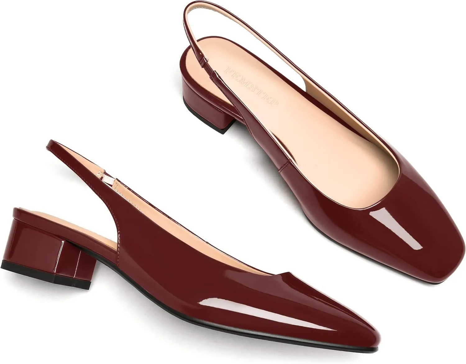 FEMSTEP Womens Patent Leather Wedding Fashion Slip On Square Toe Slingback Chunky Low Heel Pumps Shoes 1.5 Inch