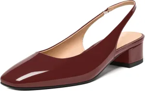 FEMSTEP Womens Patent Leather Wedding Fashion Slip On Square Toe Slingback Chunky Low Heel Pumps Shoes 1.5 Inch