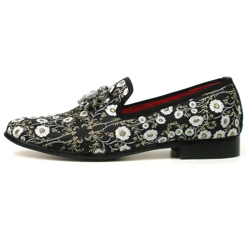 Fiesso FI-7386 Black Flowers Slip on Loafers