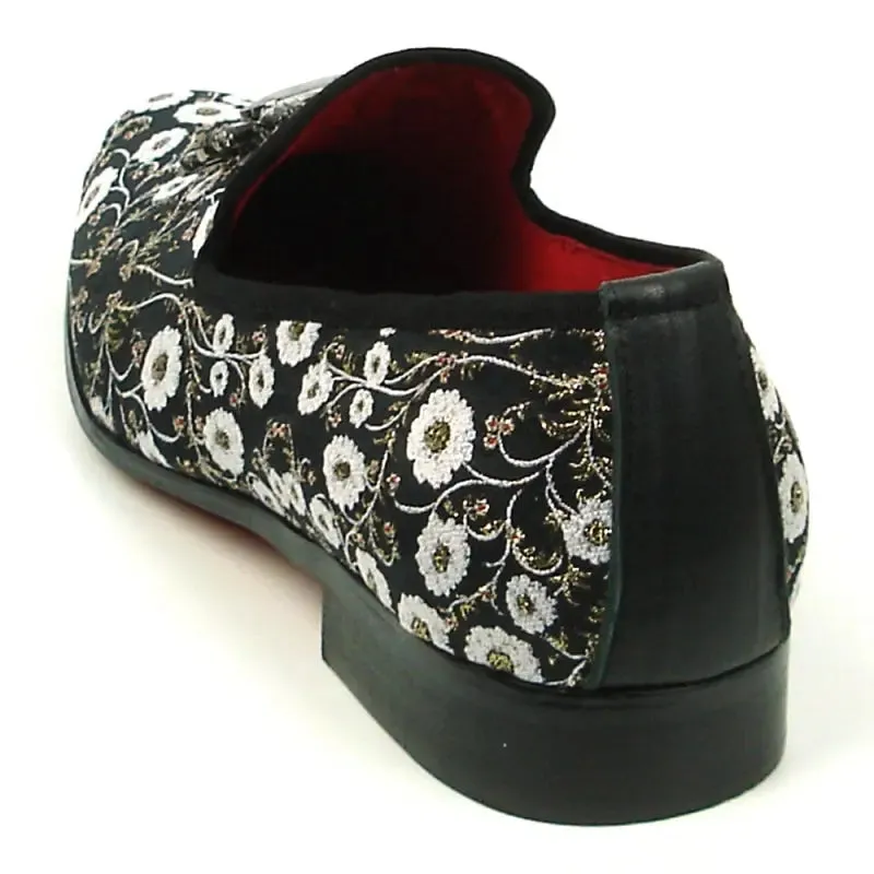 Fiesso FI-7386 Black Flowers Slip on Loafers