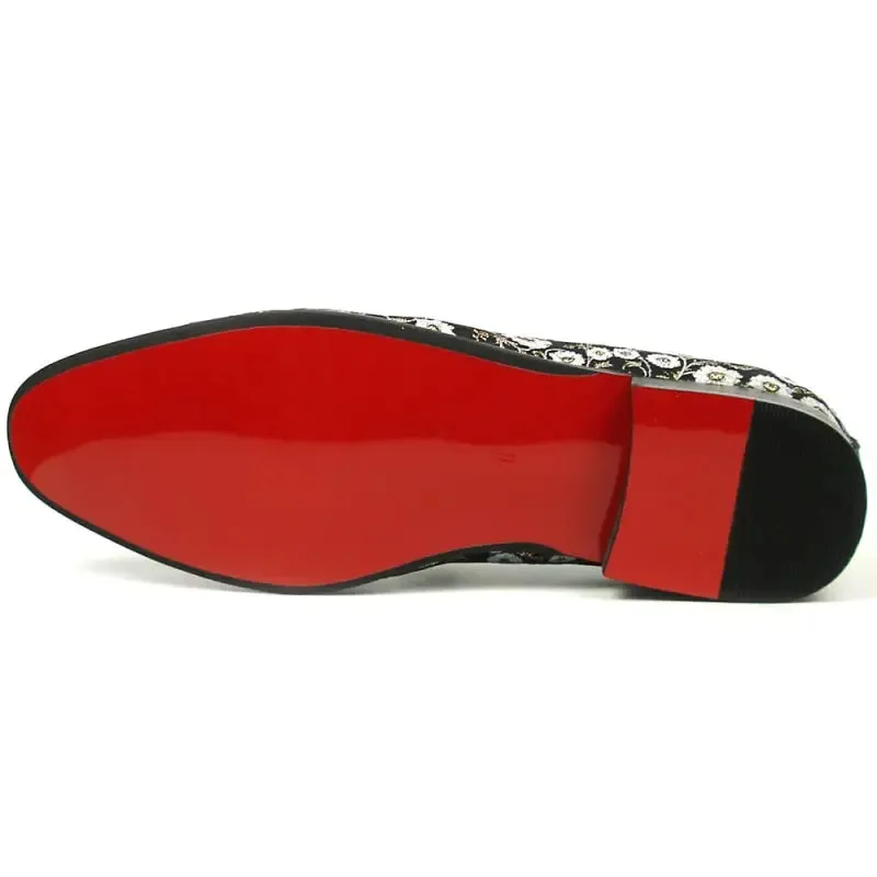 Fiesso FI-7386 Black Flowers Slip on Loafers