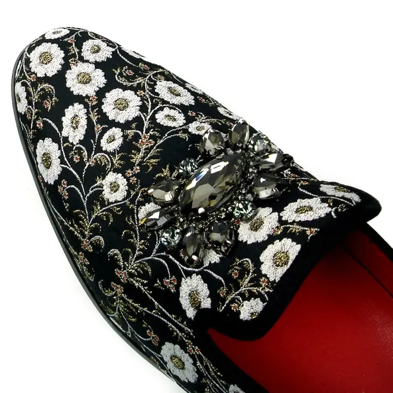 Fiesso FI-7386 Black Flowers Slip on Loafers