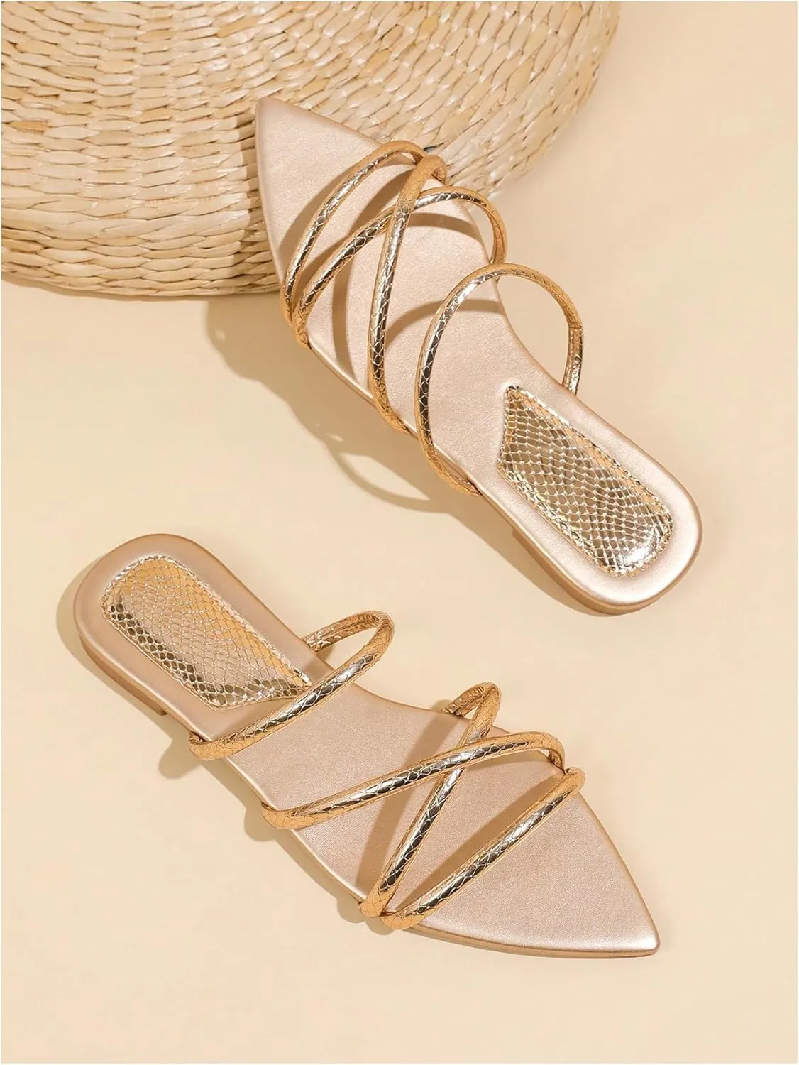 Floerns Women's Leather Strappy Flat Sandals Criss Cross Open Toe Slip on Slides