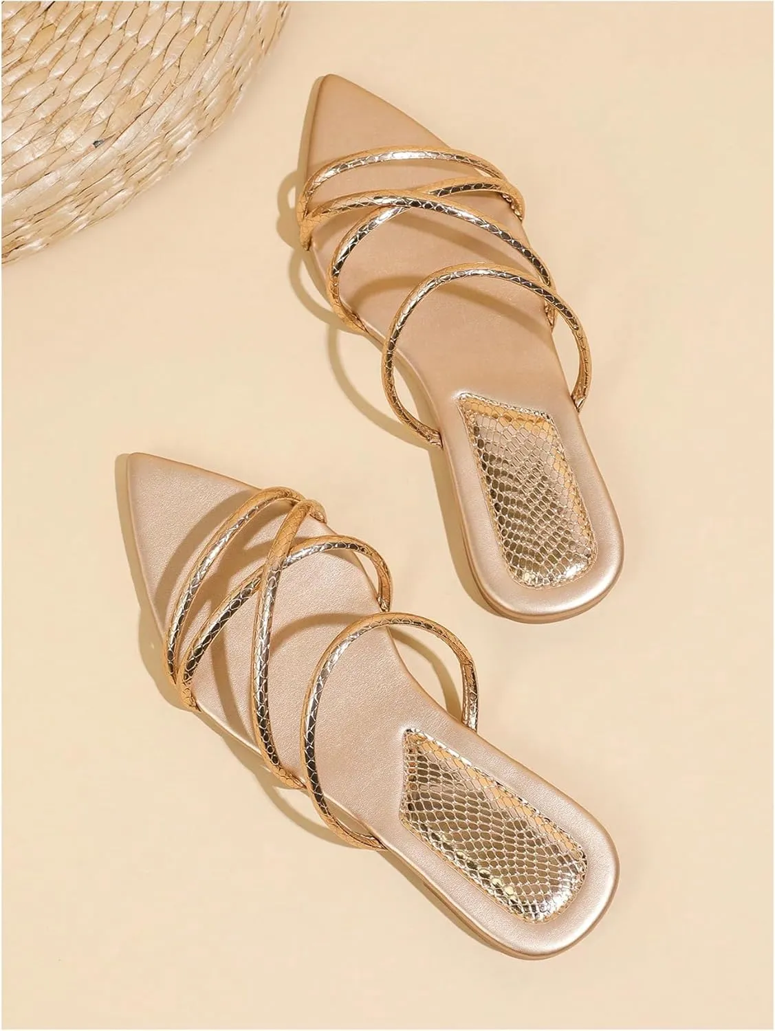 Floerns Women's Leather Strappy Flat Sandals Criss Cross Open Toe Slip on Slides