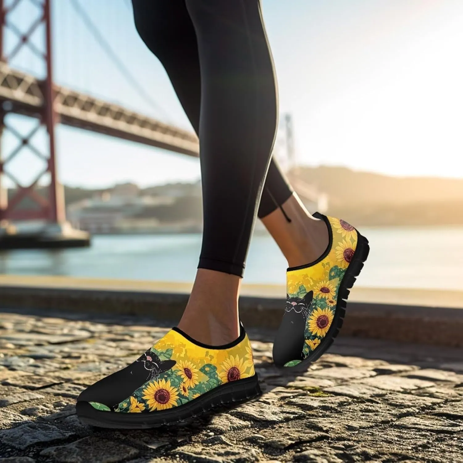 Flowers Casual House Shoes Breathable Mesh Sneakers for Women Comfort Soft Anti-Slip Shock Absorption EVA Sole Hiking Shoes for Outdoor Size 5.5-11.5 Black Sole