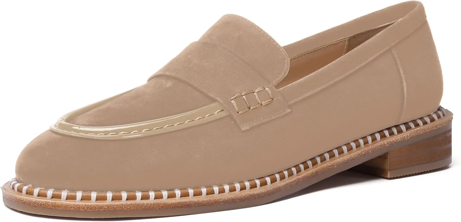 FOGEENA Womens Penny Round Toe Casual Fashion Slip On Suede Leather Chunky Low Heel Loafers Dress Shoes 1 Inch