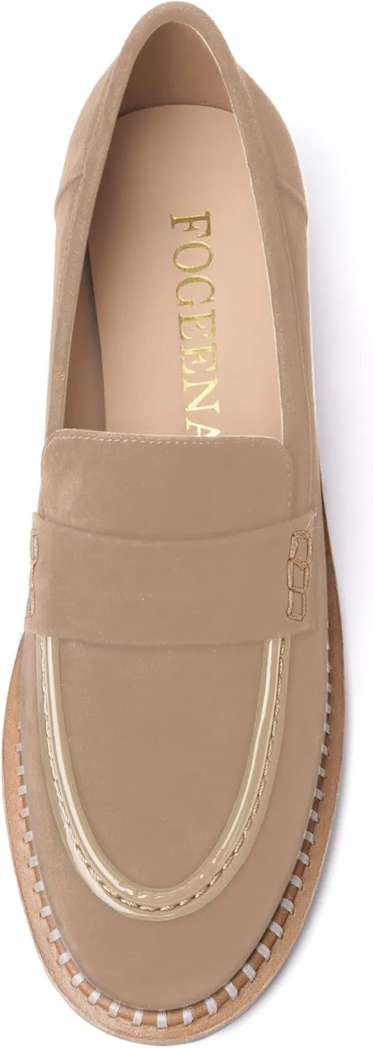 FOGEENA Womens Penny Round Toe Casual Fashion Slip On Suede Leather Chunky Low Heel Loafers Dress Shoes 1 Inch