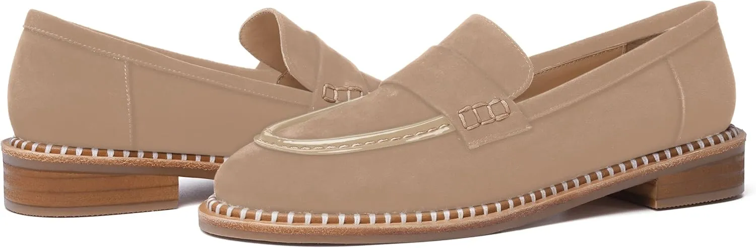 FOGEENA Womens Penny Round Toe Casual Fashion Slip On Suede Leather Chunky Low Heel Loafers Dress Shoes 1 Inch