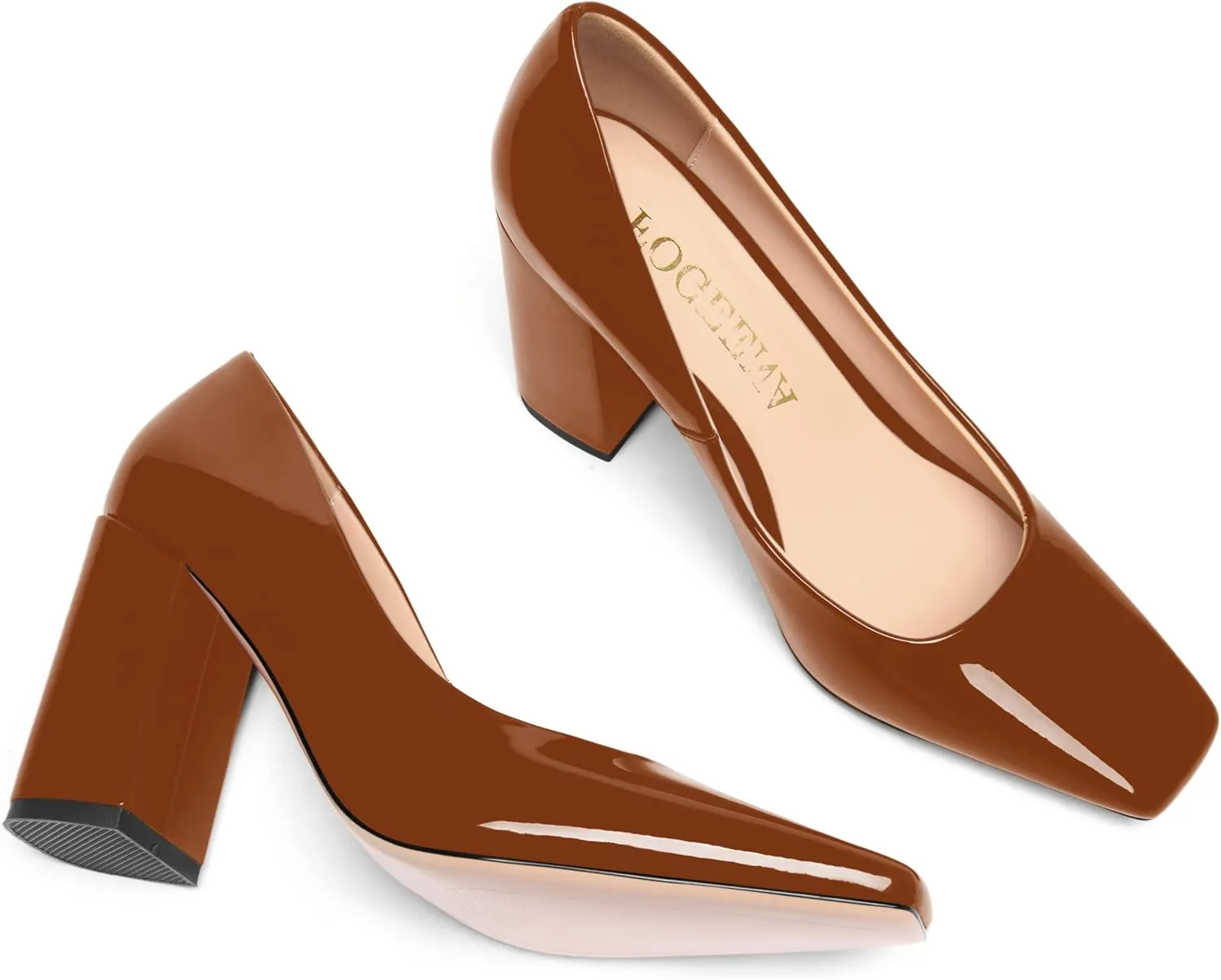 FOGEENA Womens Square Toe Slip On Sexy Patent Leather Party Block High Heel Pumps Shoes 3.34 Inch