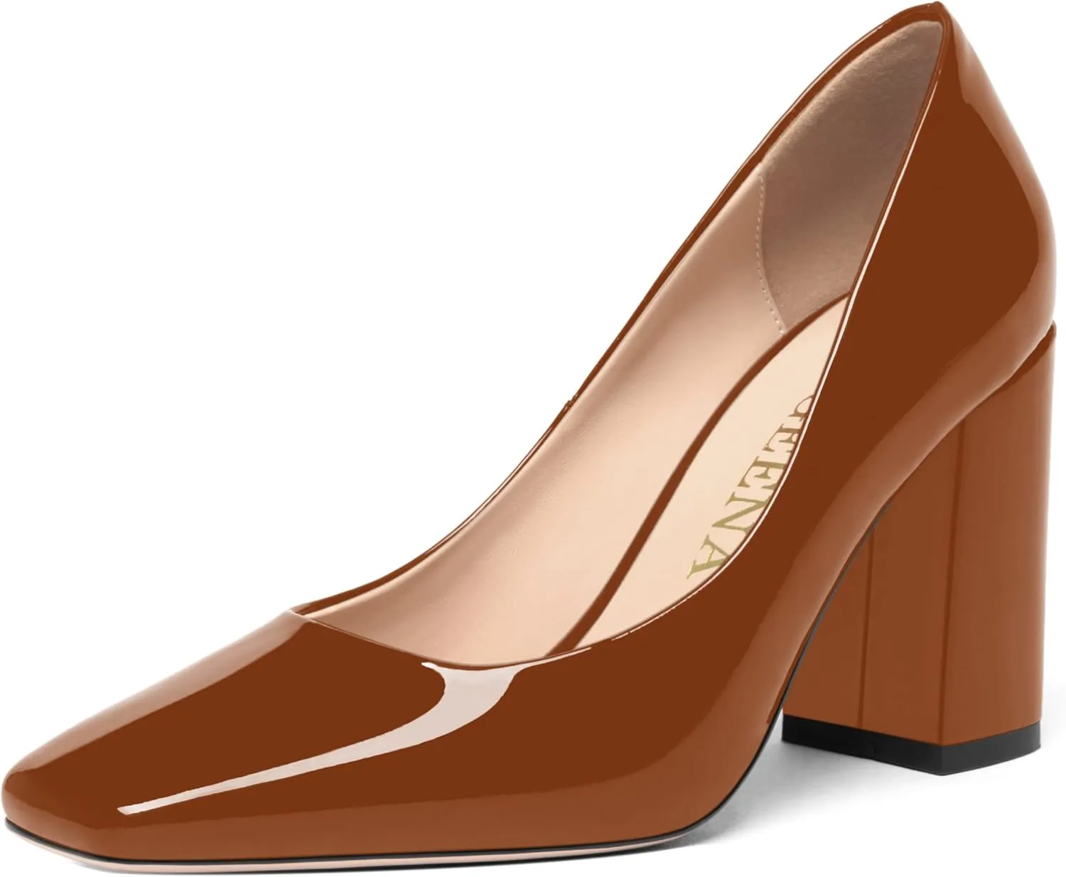 FOGEENA Womens Square Toe Slip On Sexy Patent Leather Party Block High Heel Pumps Shoes 3.34 Inch