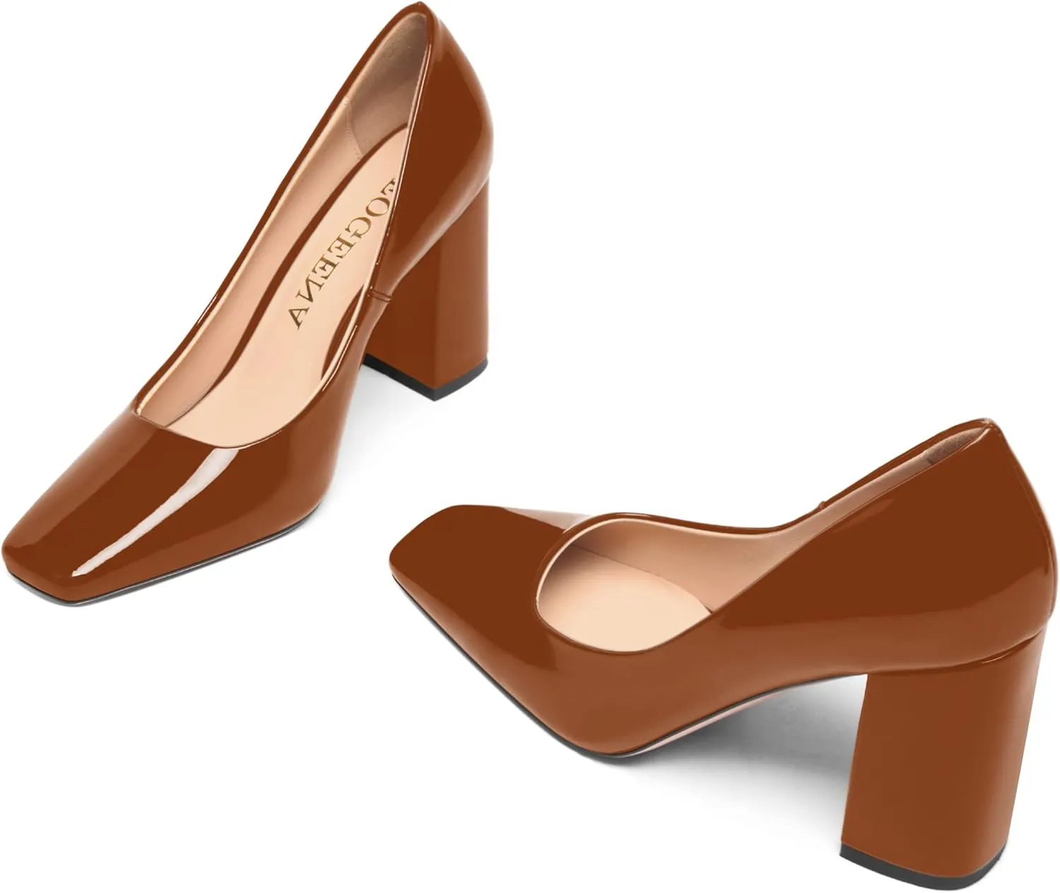 FOGEENA Womens Square Toe Slip On Sexy Patent Leather Party Block High Heel Pumps Shoes 3.34 Inch