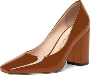 FOGEENA Womens Square Toe Slip On Sexy Patent Leather Party Block High Heel Pumps Shoes 3.34 Inch