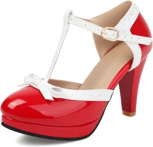 ForeMode Bow Mary Jane Shoes High Heels Closed Round Toe Pumps Leather Summer Sweet Shoe