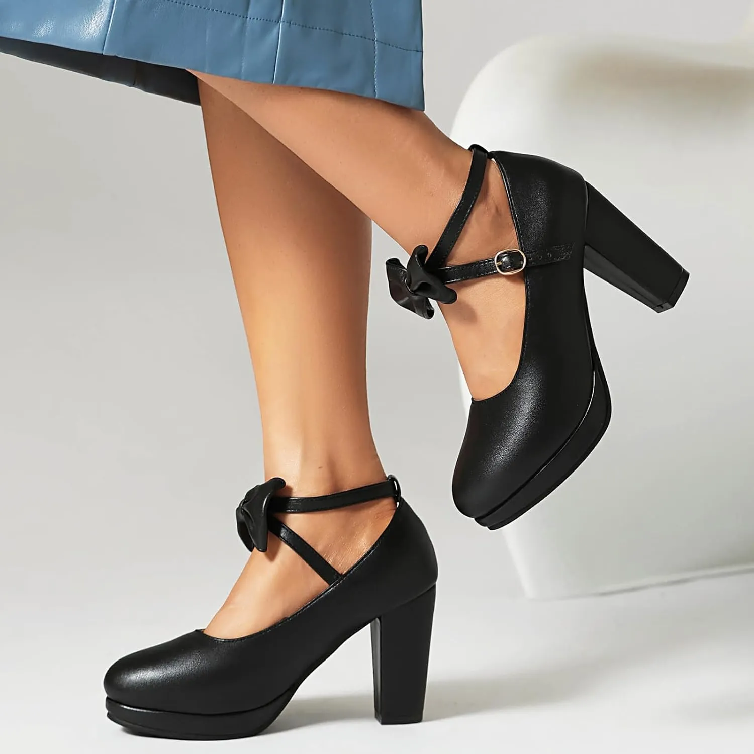 ForeMode Bow Mary Jane Shoes High Heels Closed Round Toe Pumps Leather Summer Sweet Shoe
