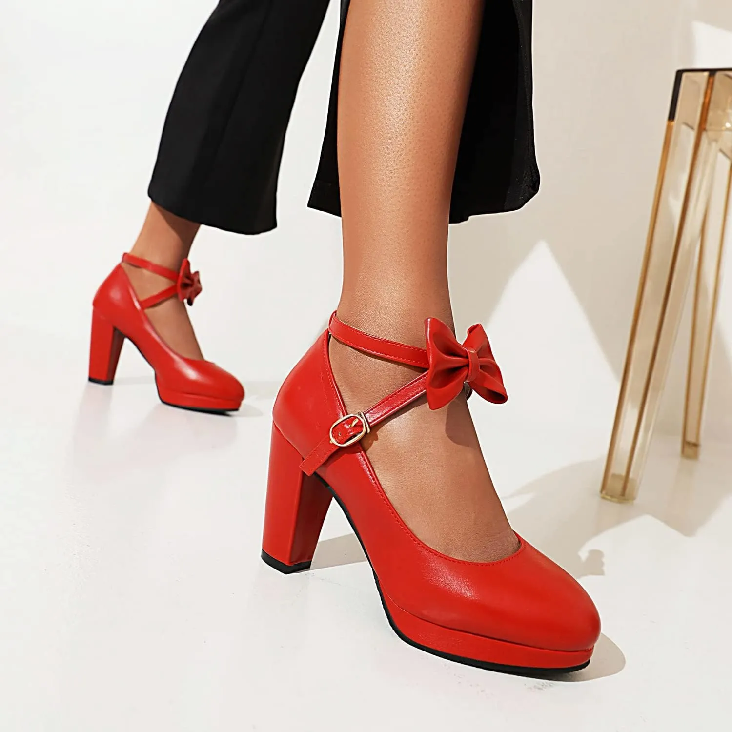 ForeMode Bow Mary Jane Shoes High Heels Closed Round Toe Pumps Leather Summer Sweet Shoe