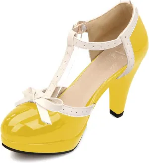 ForeMode Bow Mary Jane Shoes High Heels Closed Round Toe Pumps Leather Summer Sweet Shoe