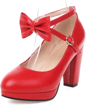 ForeMode Bow Mary Jane Shoes High Heels Closed Round Toe Pumps Leather Summer Sweet Shoe