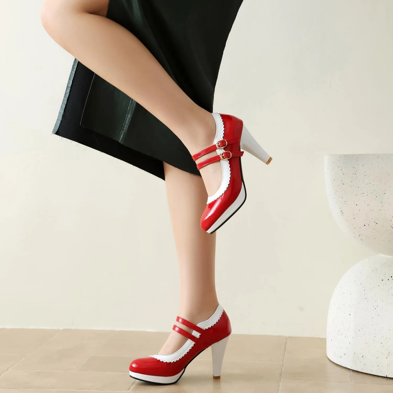 ForeMode Bow Mary Jane Shoes High Heels Closed Round Toe Pumps Leather Summer Sweet Shoe