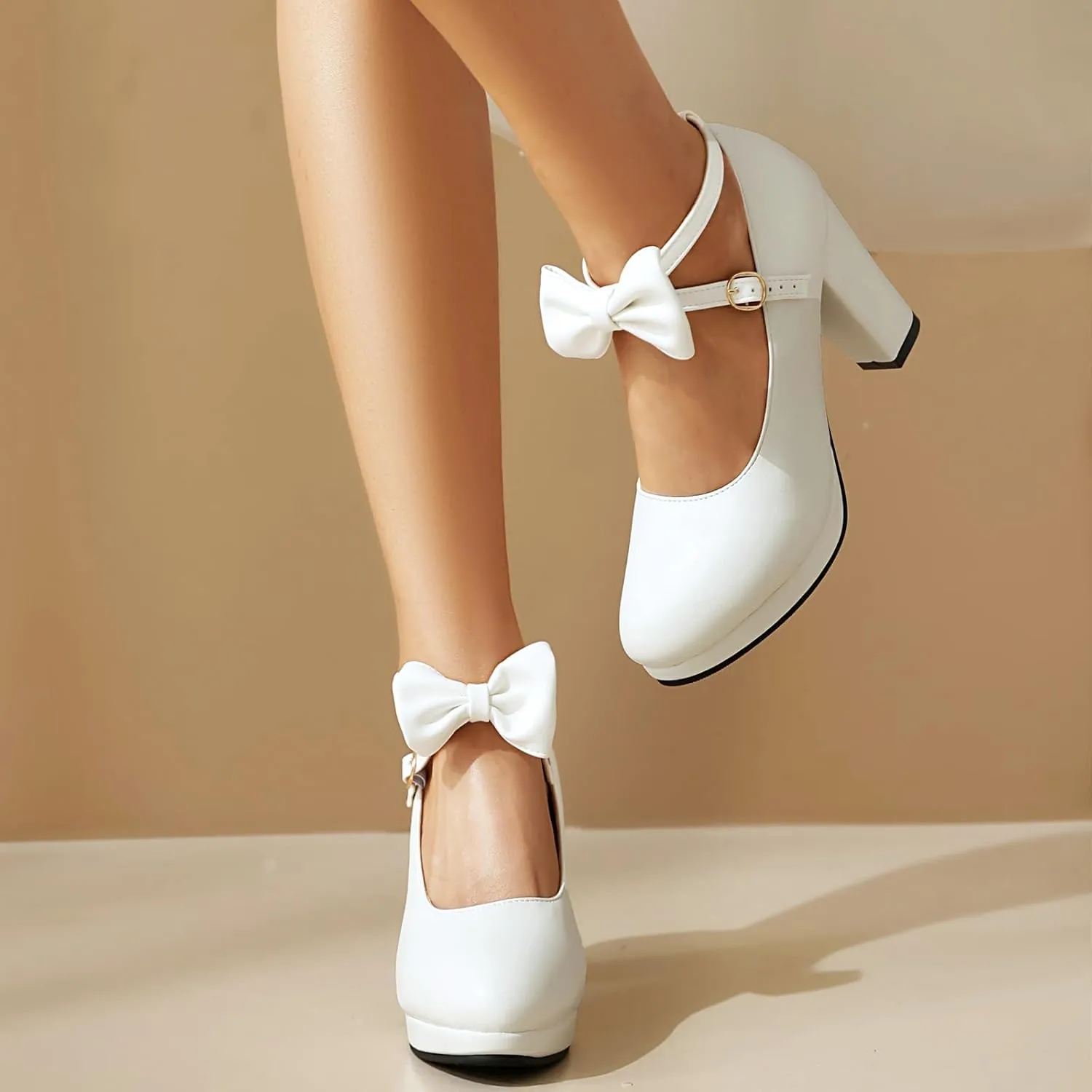 ForeMode Bow Mary Jane Shoes High Heels Closed Round Toe Pumps Leather Summer Sweet Shoe