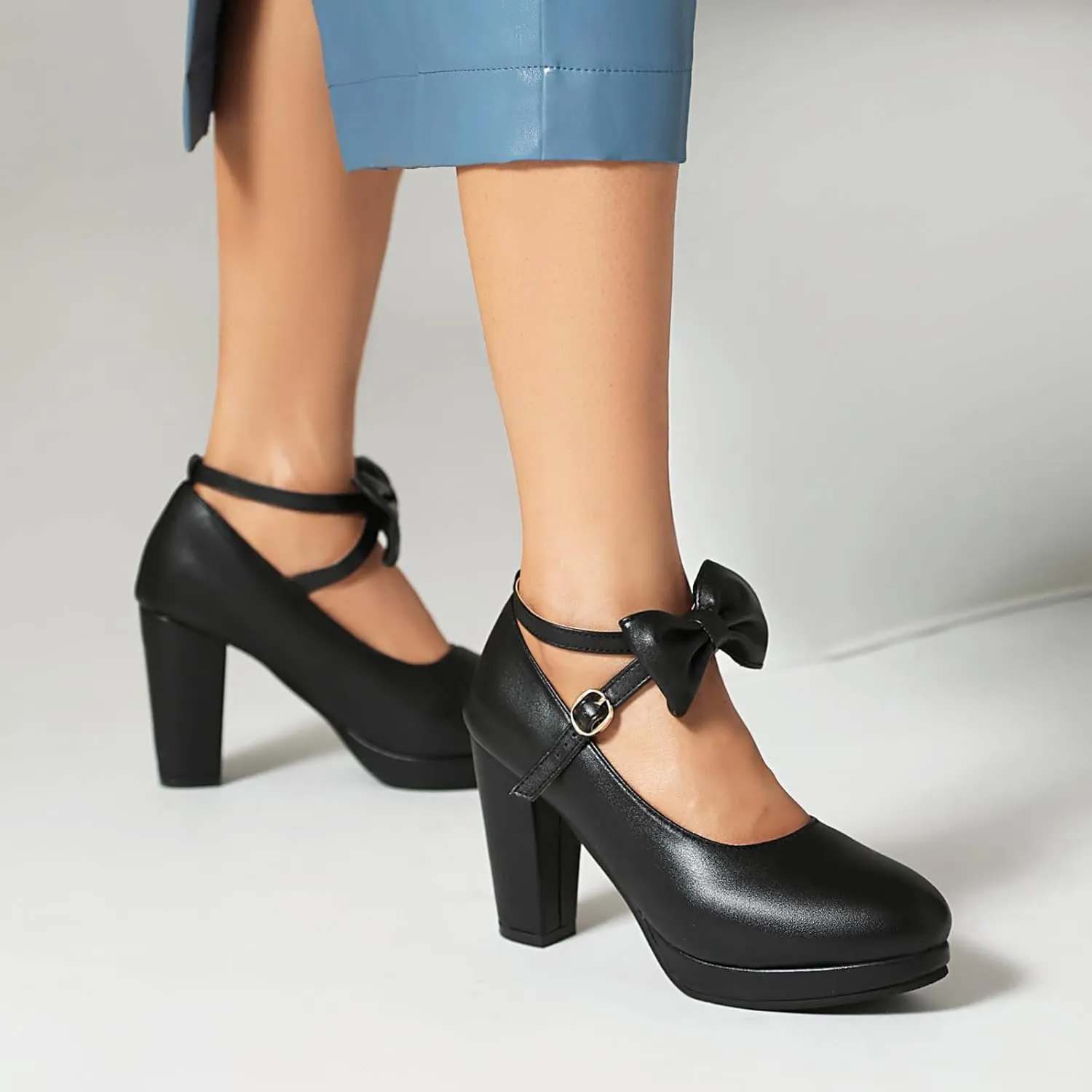 ForeMode Bow Mary Jane Shoes High Heels Closed Round Toe Pumps Leather Summer Sweet Shoe