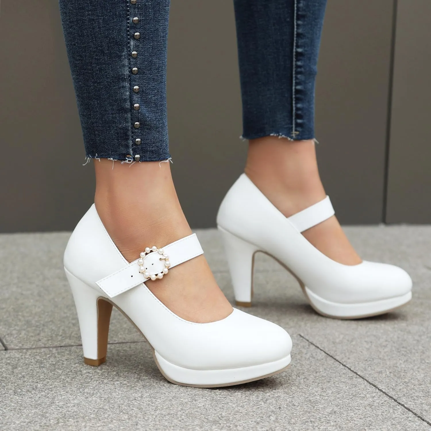 ForeMode Bow Mary Jane Shoes High Heels Closed Round Toe Pumps Leather Summer Sweet Shoe