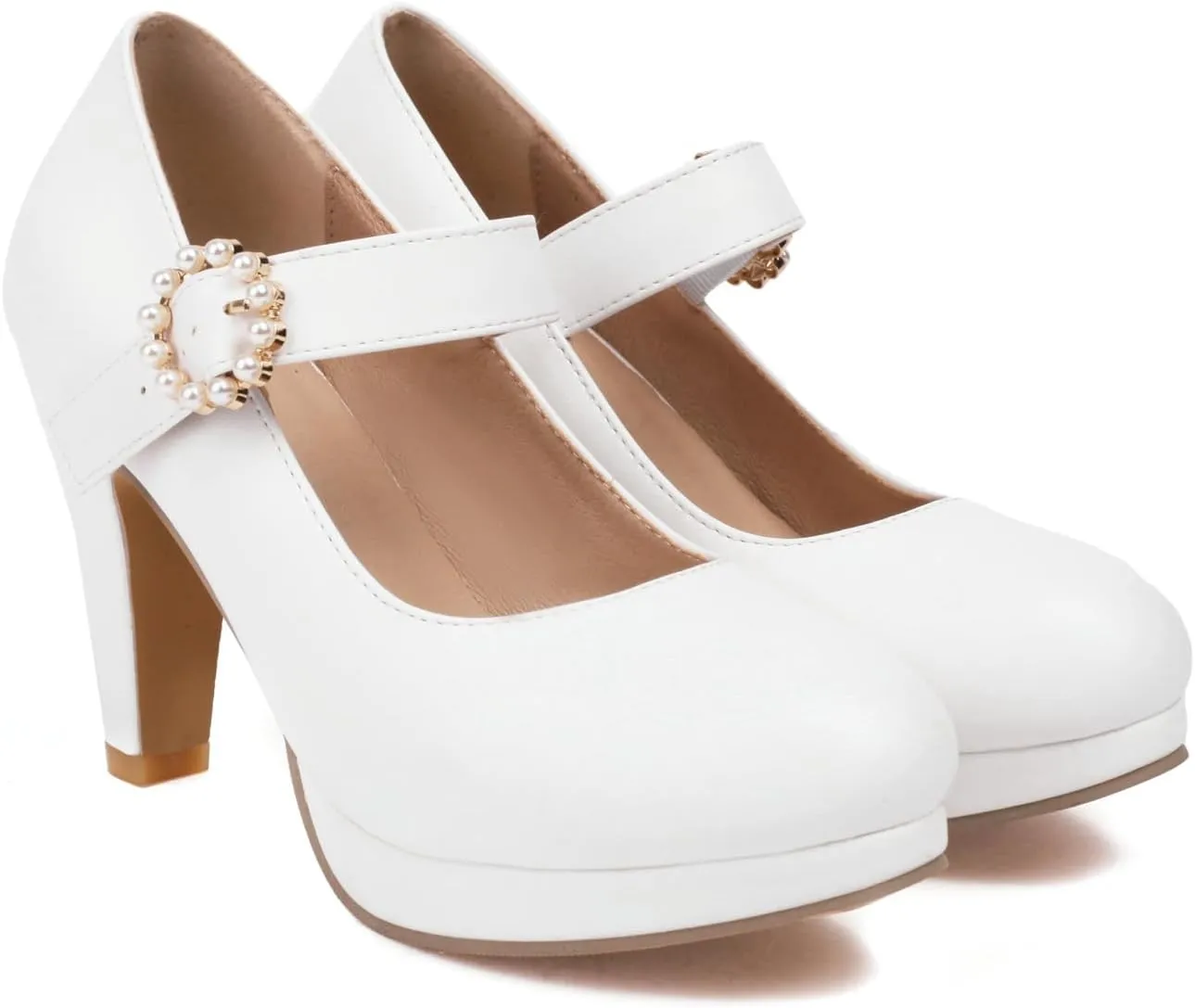 ForeMode Bow Mary Jane Shoes High Heels Closed Round Toe Pumps Leather Summer Sweet Shoe