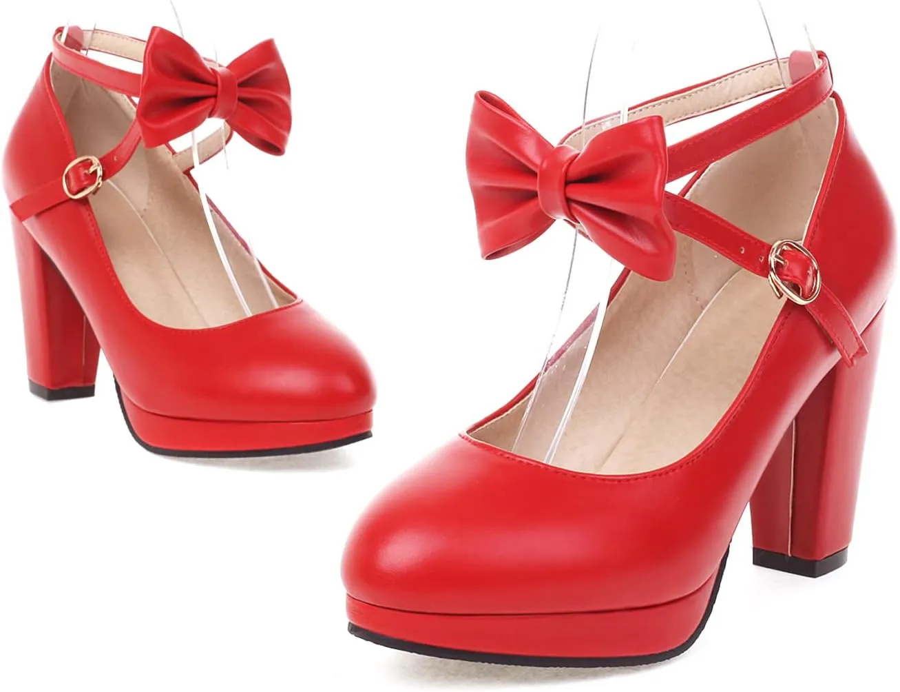 ForeMode Bow Mary Jane Shoes High Heels Closed Round Toe Pumps Leather Summer Sweet Shoe