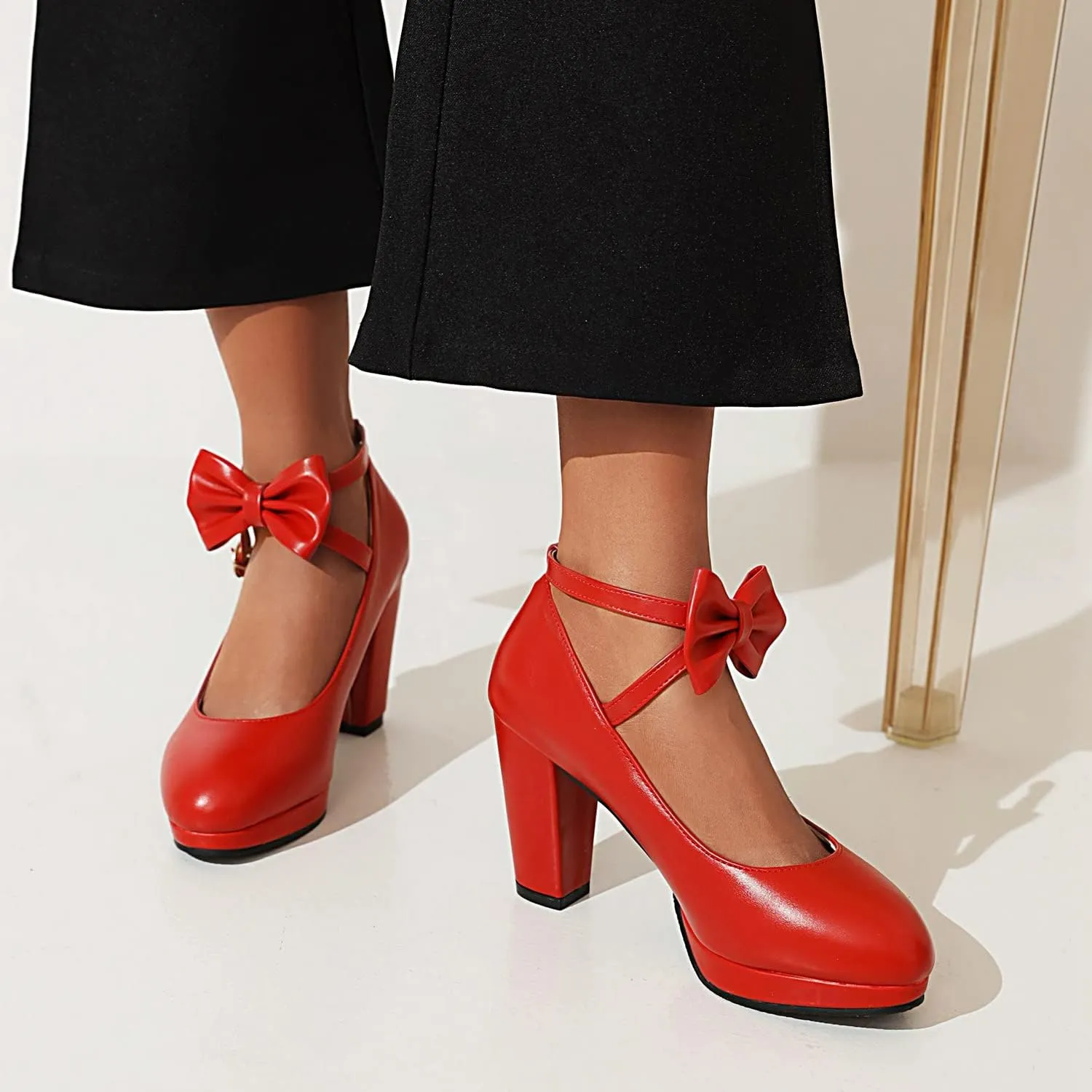 ForeMode Bow Mary Jane Shoes High Heels Closed Round Toe Pumps Leather Summer Sweet Shoe