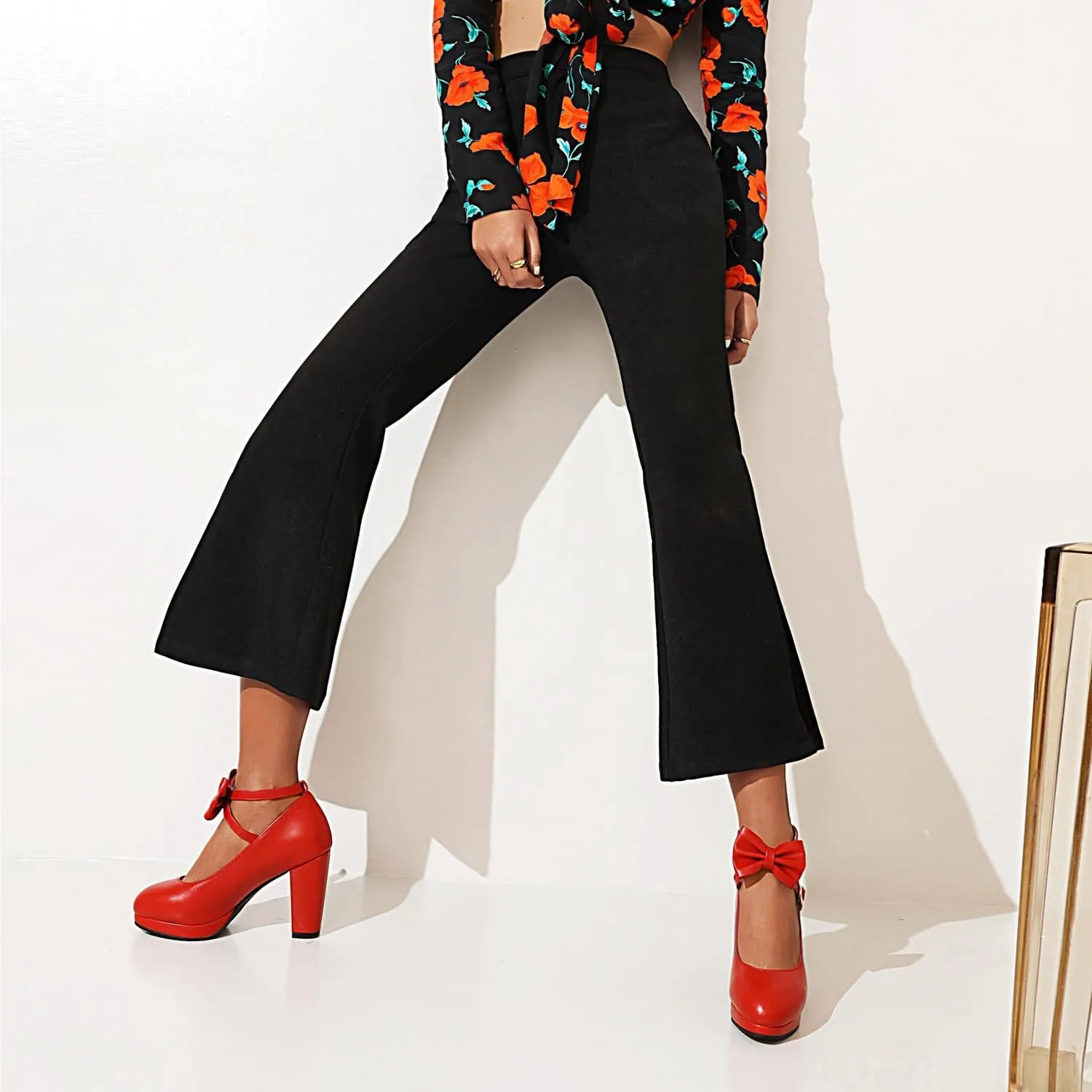 ForeMode Bow Mary Jane Shoes High Heels Closed Round Toe Pumps Leather Summer Sweet Shoe