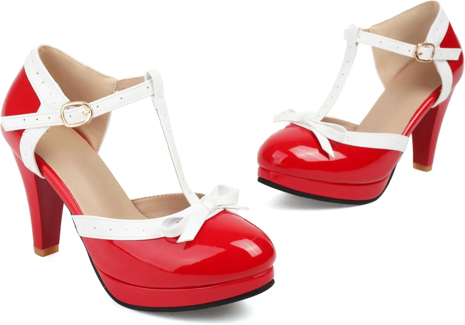 ForeMode Bow Mary Jane Shoes High Heels Closed Round Toe Pumps Leather Summer Sweet Shoe