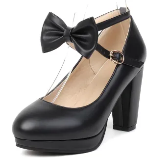 ForeMode Bow Mary Jane Shoes High Heels Closed Round Toe Pumps Leather Summer Sweet Shoe