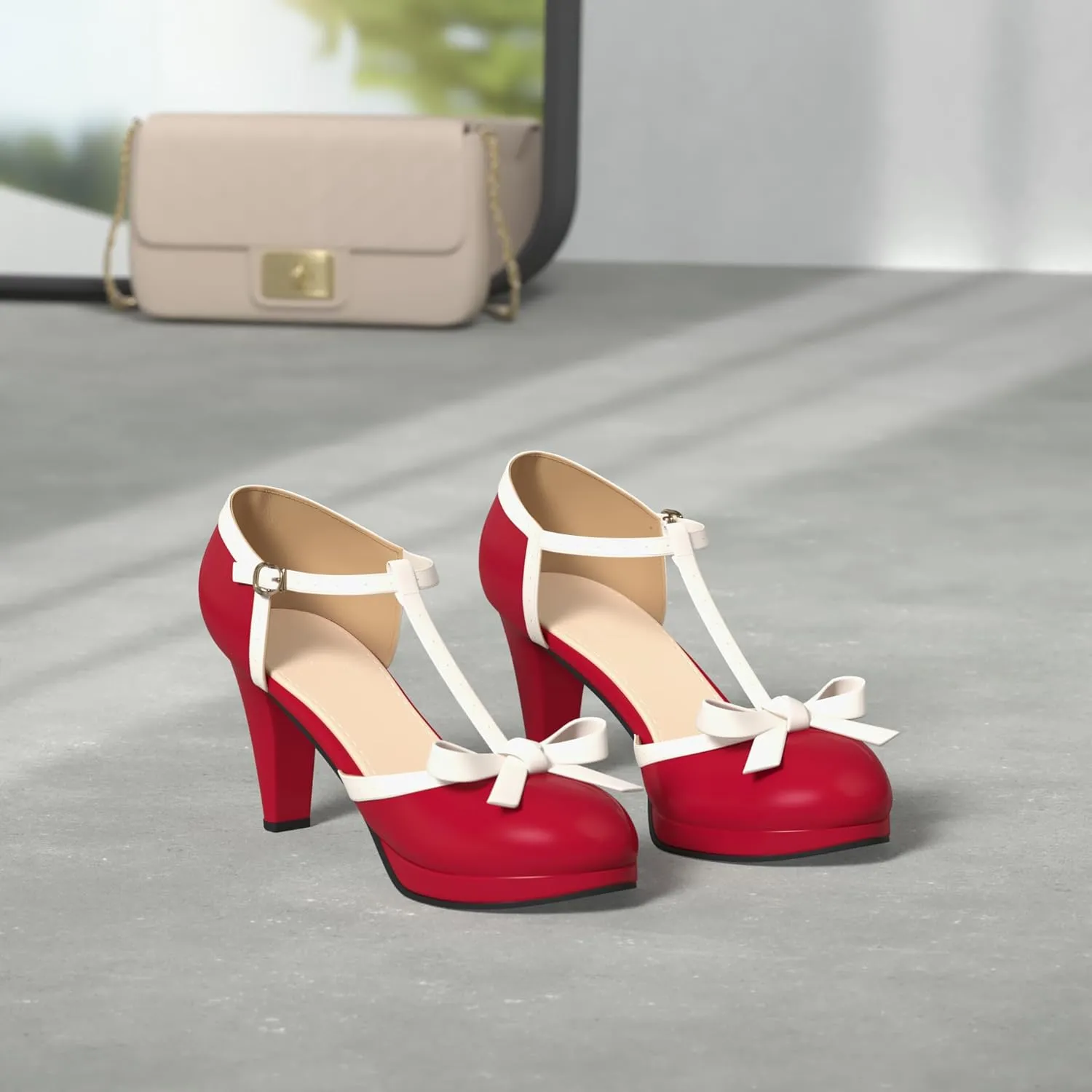 ForeMode Bow Mary Jane Shoes High Heels Closed Round Toe Pumps Leather Summer Sweet Shoe