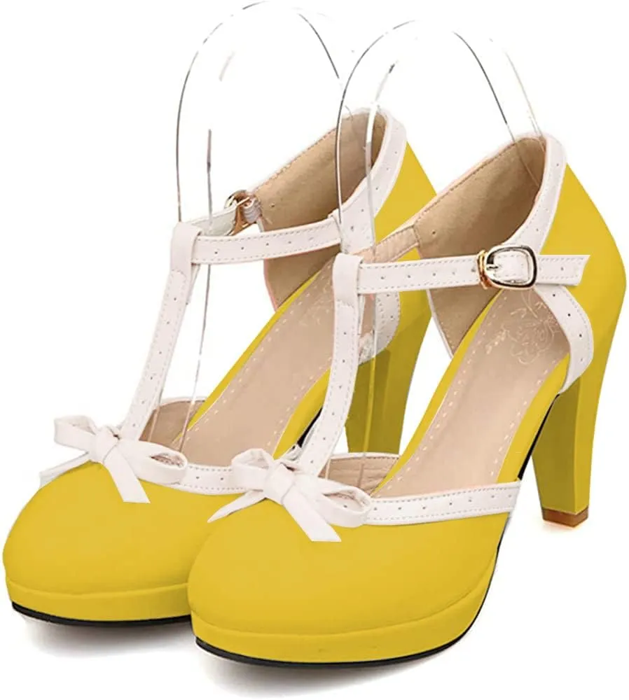 ForeMode Bow Mary Jane Shoes High Heels Closed Round Toe Pumps Leather Summer Sweet Shoe