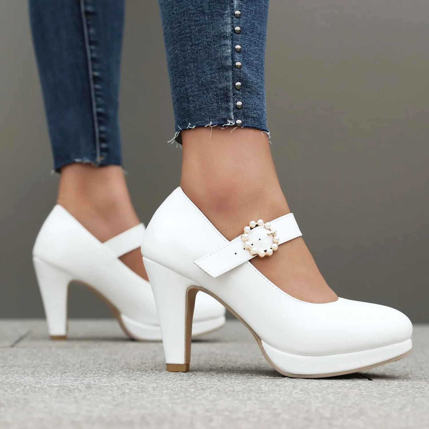 ForeMode Bow Mary Jane Shoes High Heels Closed Round Toe Pumps Leather Summer Sweet Shoe