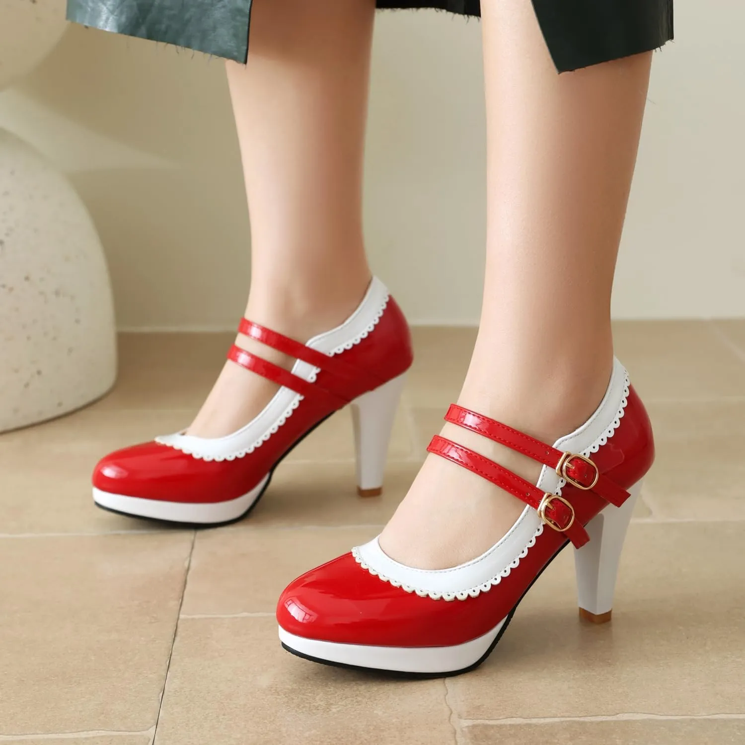 ForeMode Bow Mary Jane Shoes High Heels Closed Round Toe Pumps Leather Summer Sweet Shoe