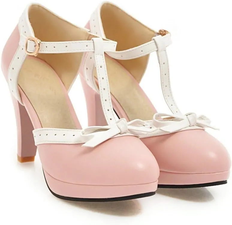 ForeMode Bow Mary Jane Shoes High Heels Closed Round Toe Pumps Leather Summer Sweet Shoe