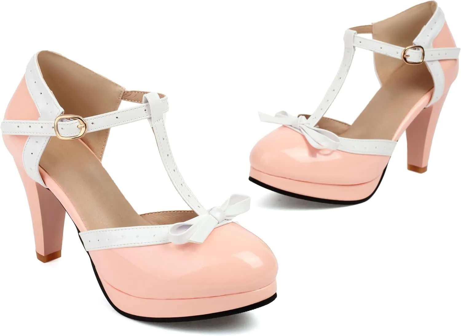 ForeMode Bow Mary Jane Shoes High Heels Closed Round Toe Pumps Leather Summer Sweet Shoe