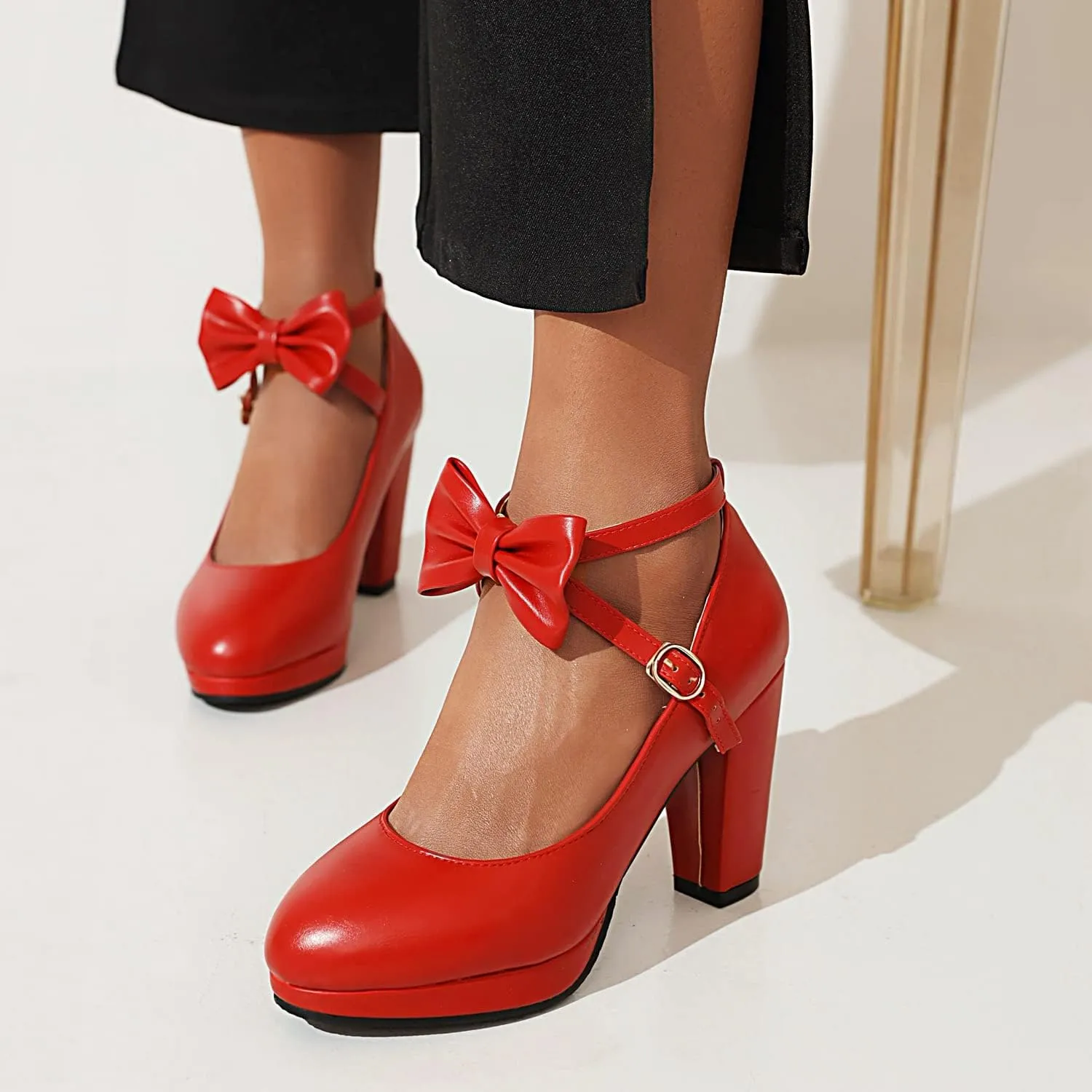 ForeMode Bow Mary Jane Shoes High Heels Closed Round Toe Pumps Leather Summer Sweet Shoe