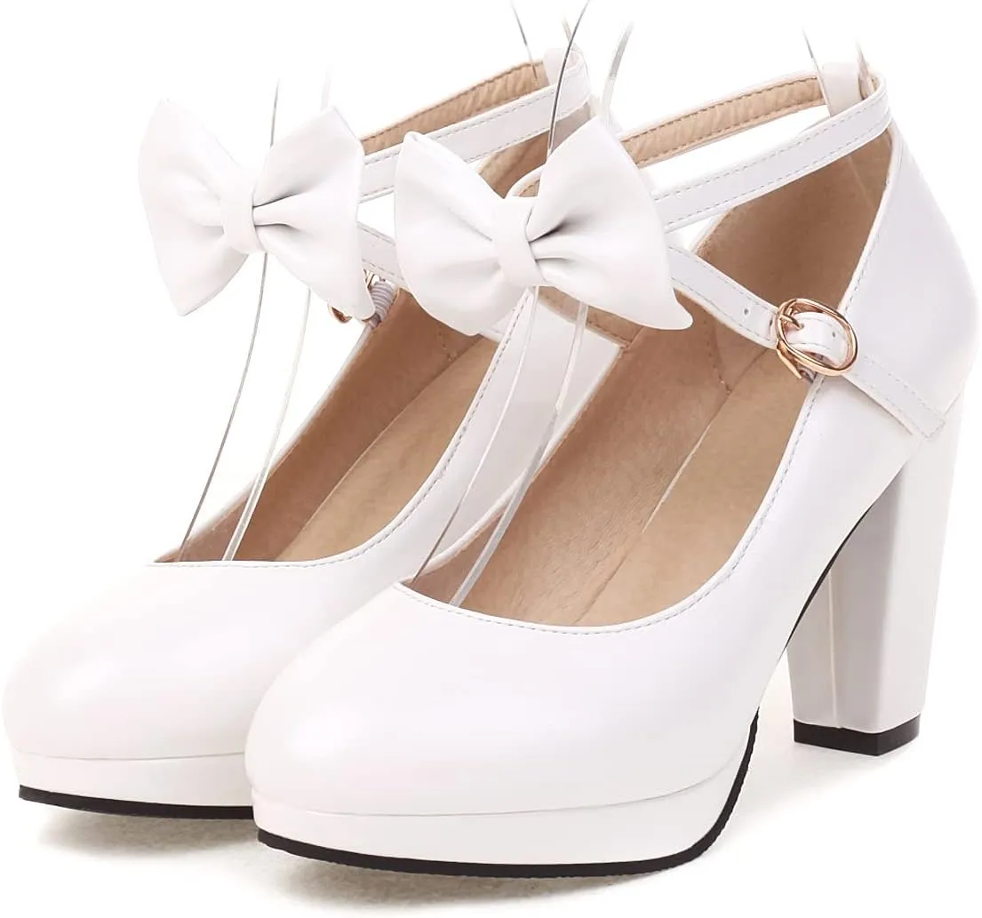 ForeMode Bow Mary Jane Shoes High Heels Closed Round Toe Pumps Leather Summer Sweet Shoe