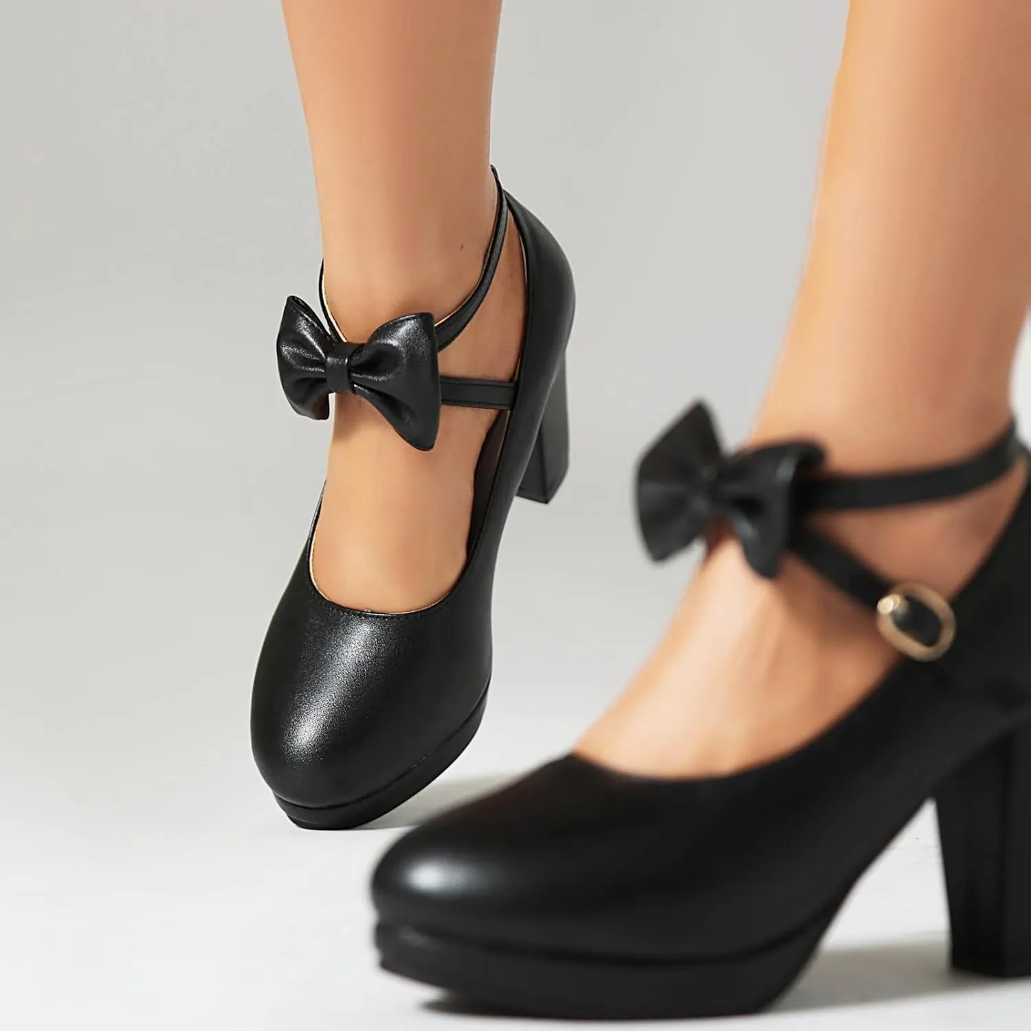 ForeMode Bow Mary Jane Shoes High Heels Closed Round Toe Pumps Leather Summer Sweet Shoe