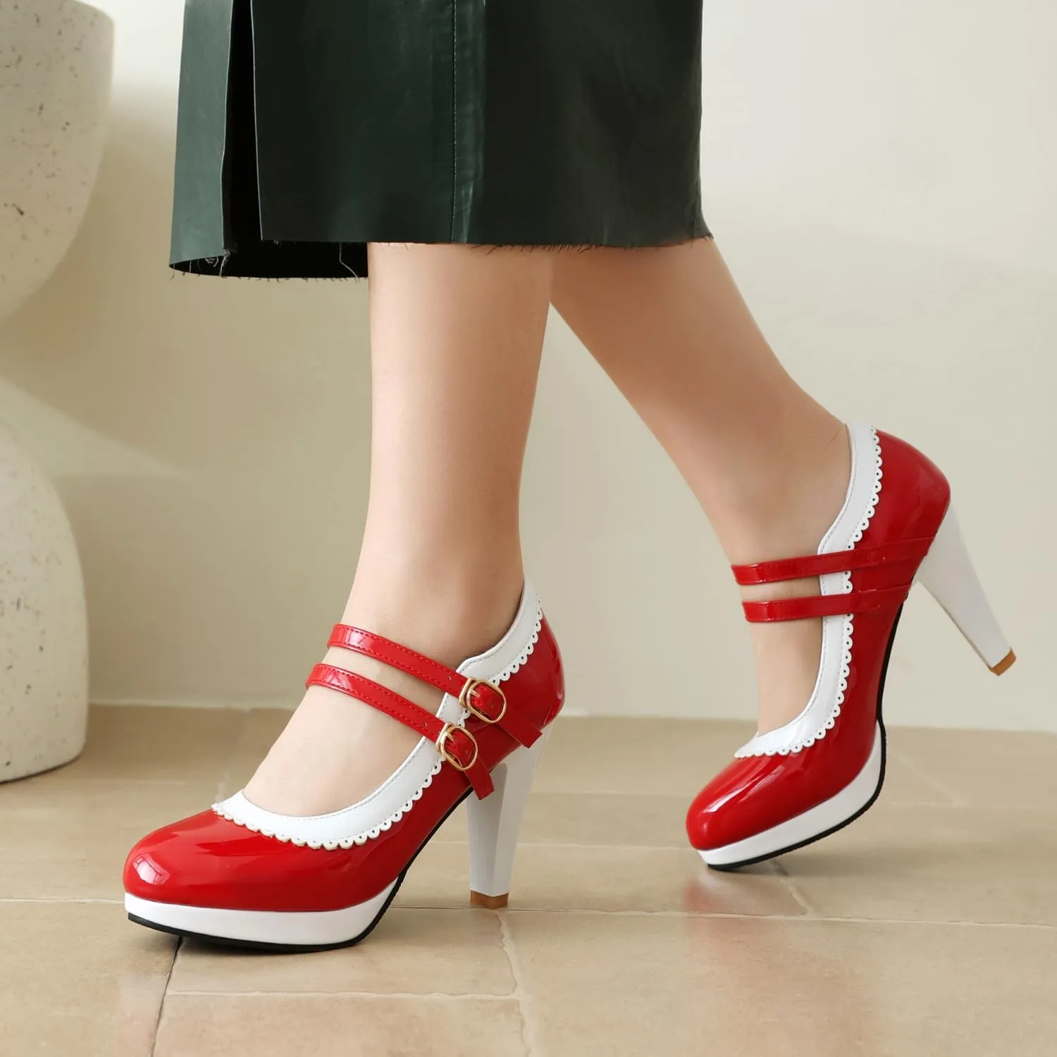ForeMode Bow Mary Jane Shoes High Heels Closed Round Toe Pumps Leather Summer Sweet Shoe