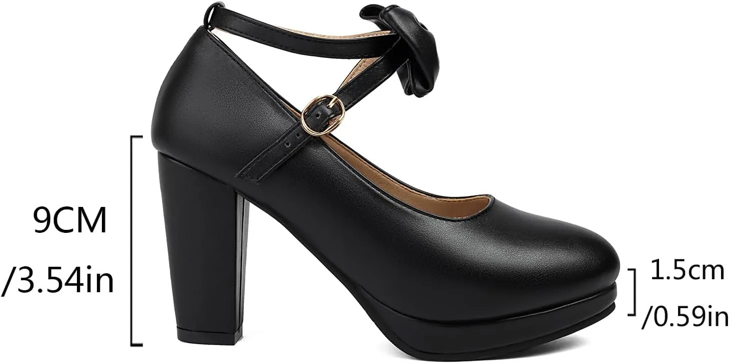 ForeMode Bow Mary Jane Shoes High Heels Closed Round Toe Pumps Leather Summer Sweet Shoe