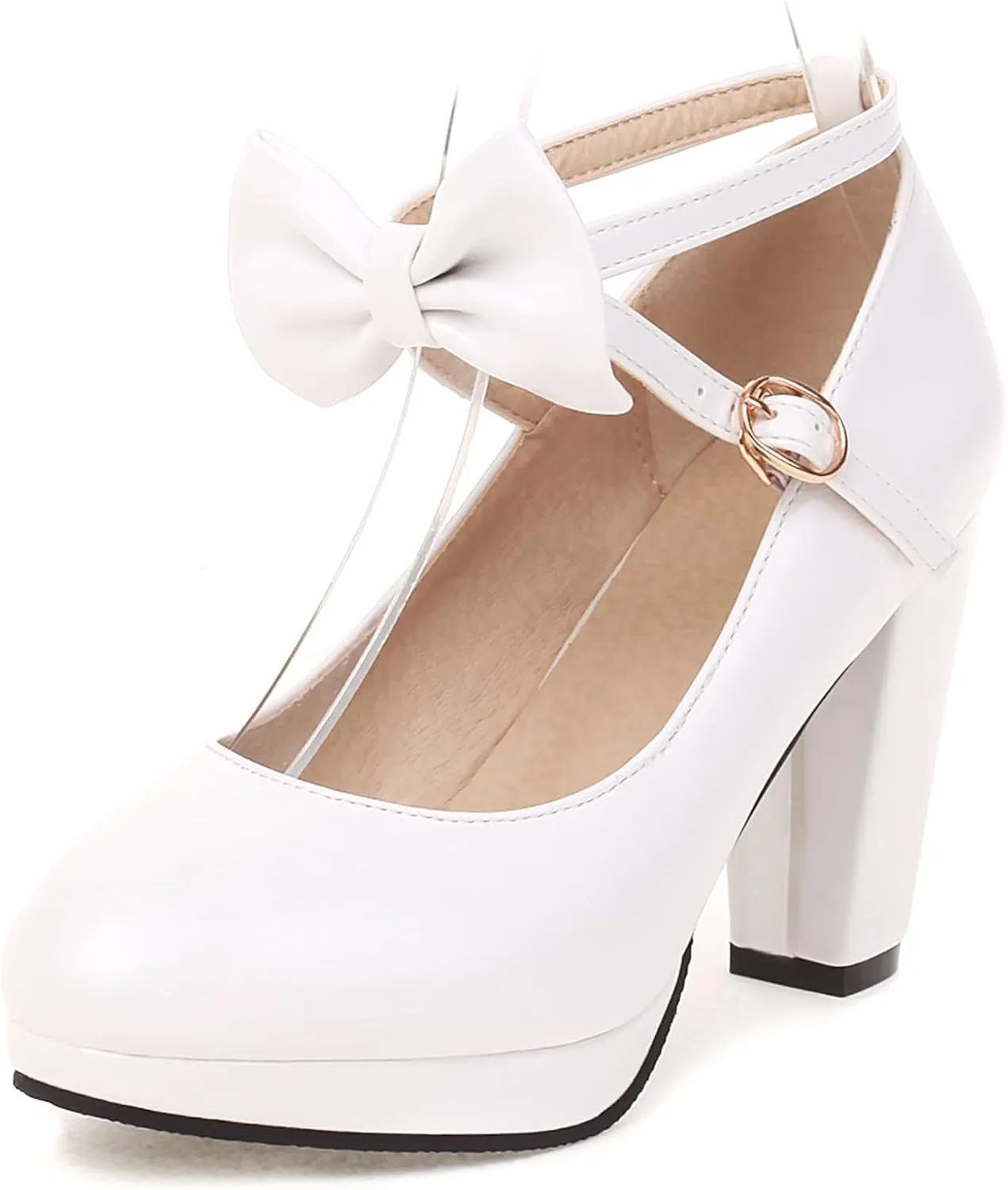 ForeMode Bow Mary Jane Shoes High Heels Closed Round Toe Pumps Leather Summer Sweet Shoe