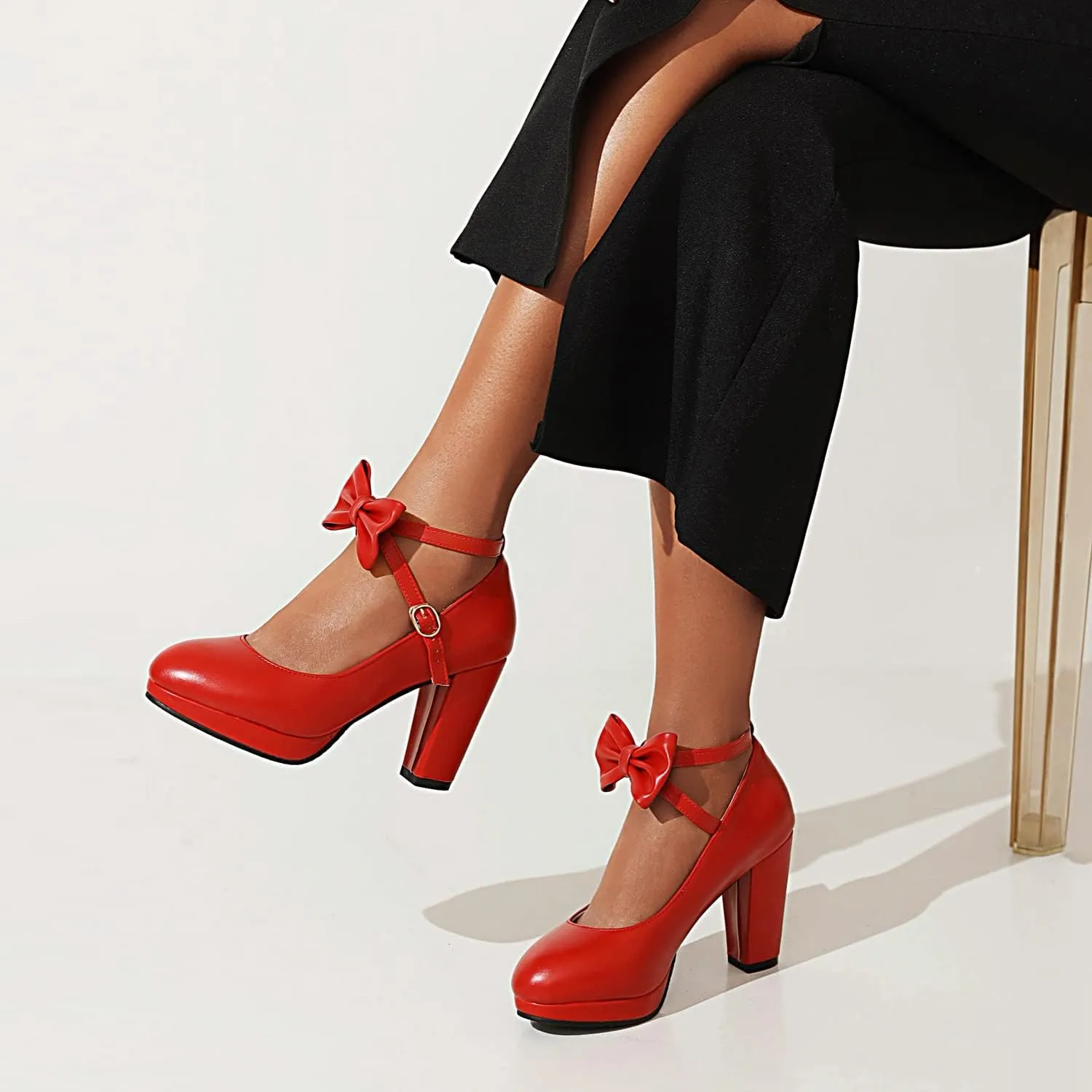 ForeMode Bow Mary Jane Shoes High Heels Closed Round Toe Pumps Leather Summer Sweet Shoe