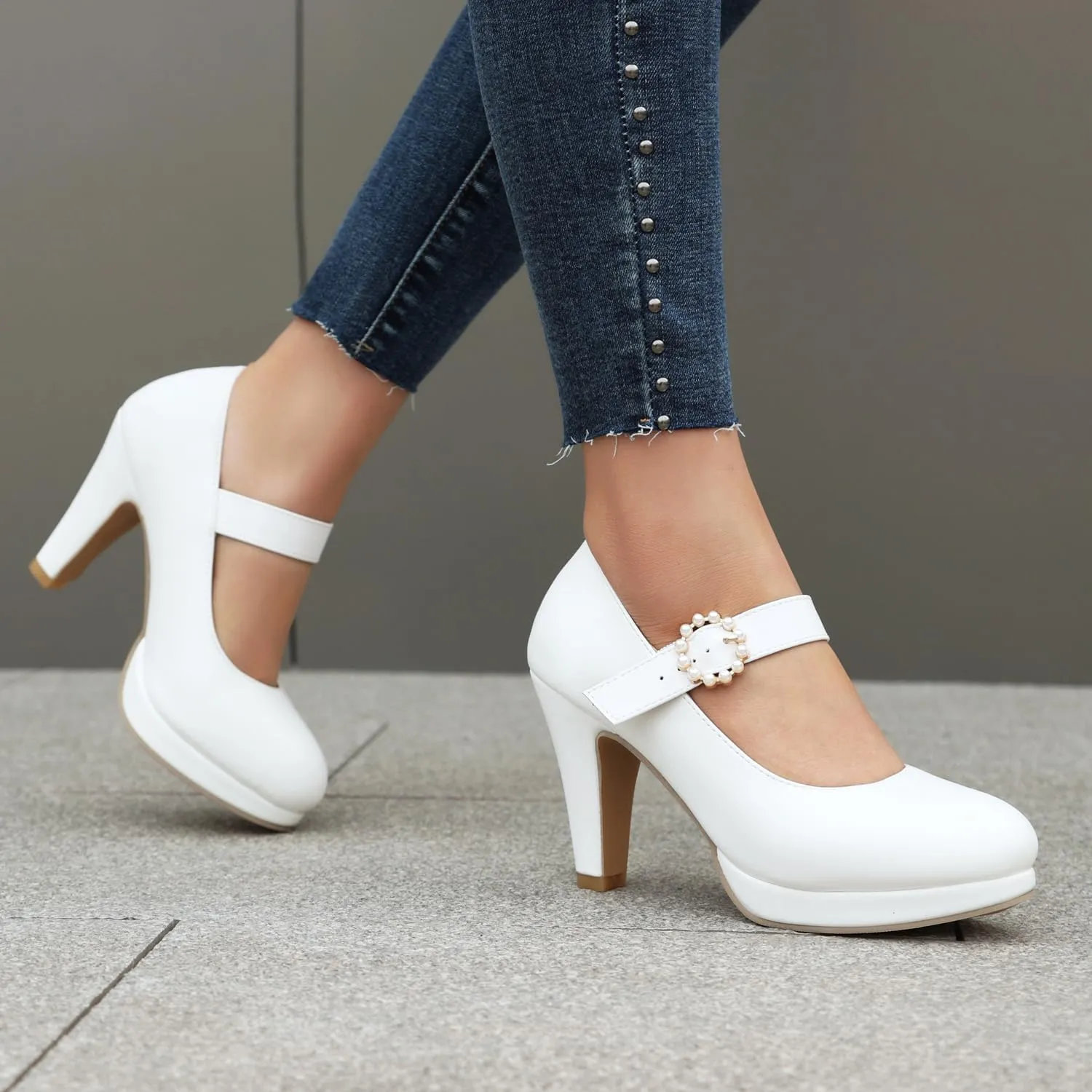 ForeMode Bow Mary Jane Shoes High Heels Closed Round Toe Pumps Leather Summer Sweet Shoe