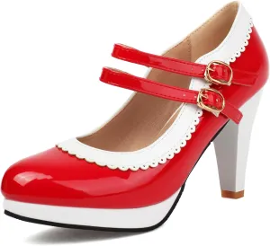 ForeMode Bow Mary Jane Shoes High Heels Closed Round Toe Pumps Leather Summer Sweet Shoe