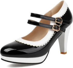 ForeMode Bow Mary Jane Shoes High Heels Closed Round Toe Pumps Leather Summer Sweet Shoe