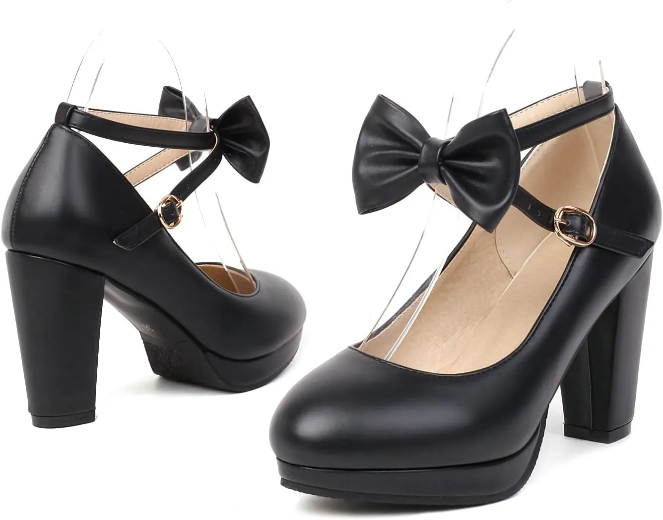 ForeMode Bow Mary Jane Shoes High Heels Closed Round Toe Pumps Leather Summer Sweet Shoe