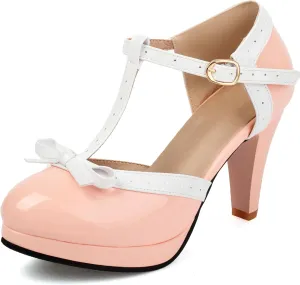 ForeMode Bow Mary Jane Shoes High Heels Closed Round Toe Pumps Leather Summer Sweet Shoe