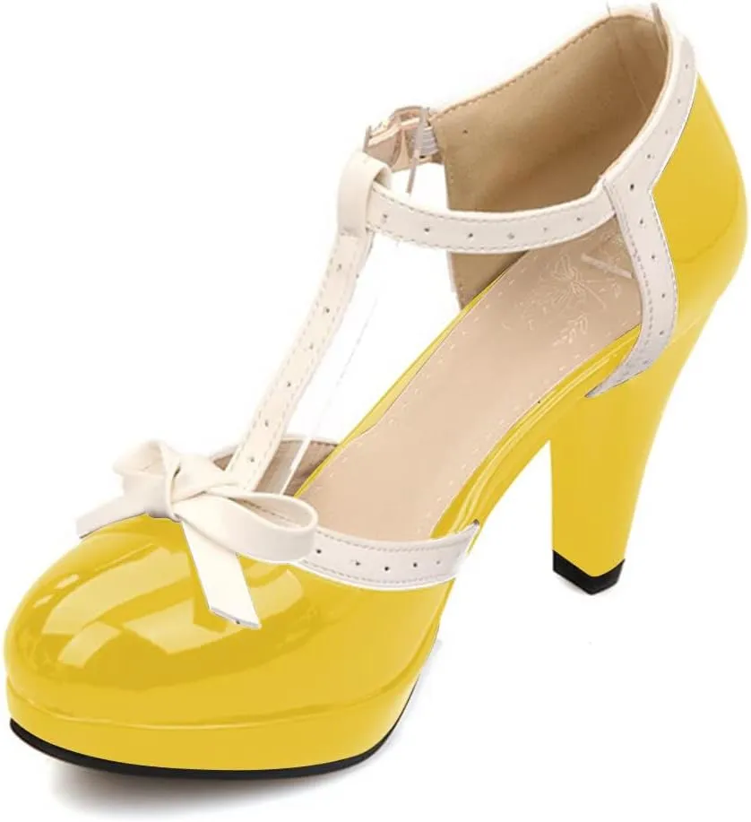 ForeMode Bow Mary Jane Shoes High Heels Closed Round Toe Pumps Leather Summer Sweet Shoe